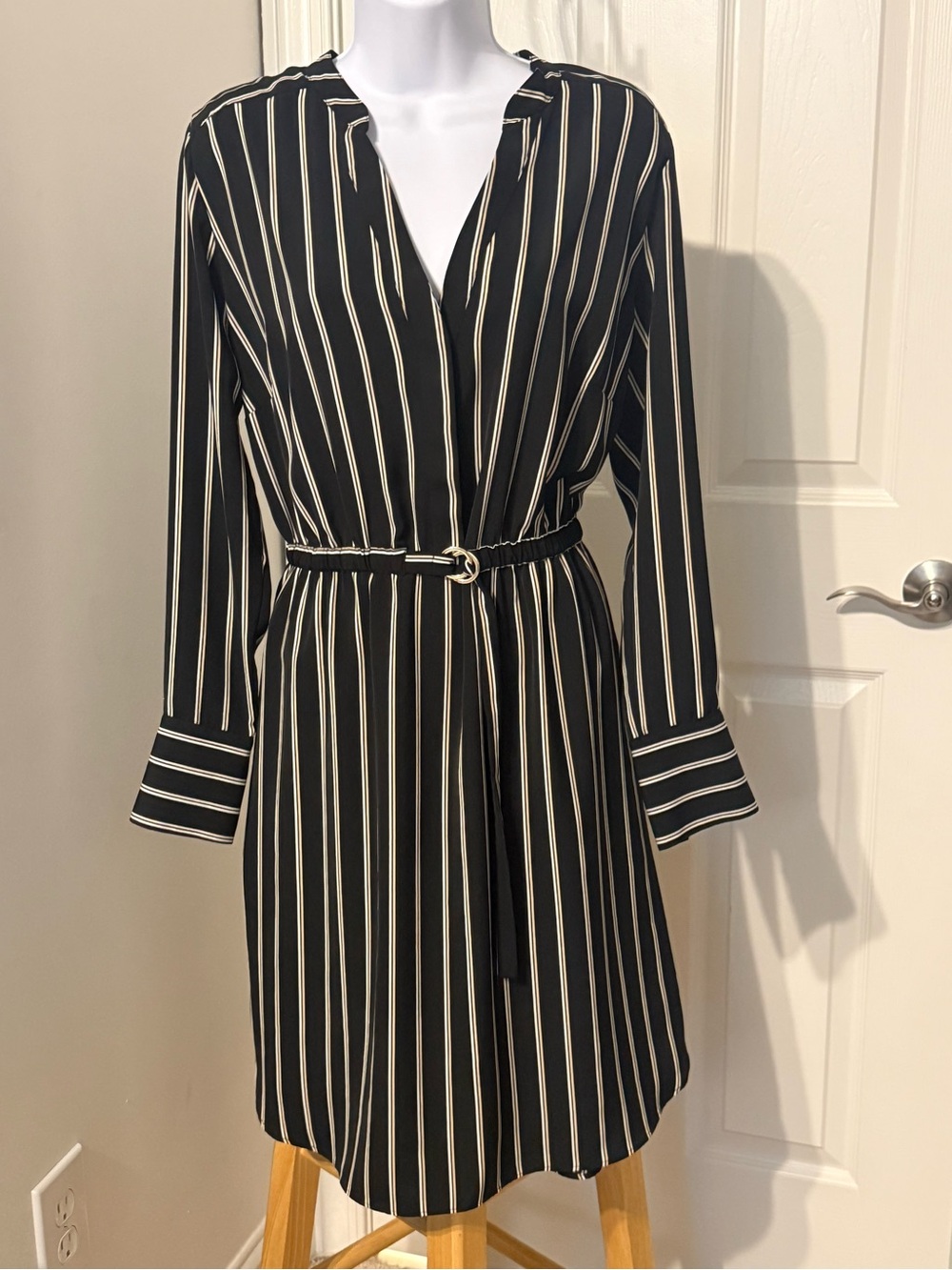 H&M Striped Belted High Low Shirt Dress Black Cream Size 12